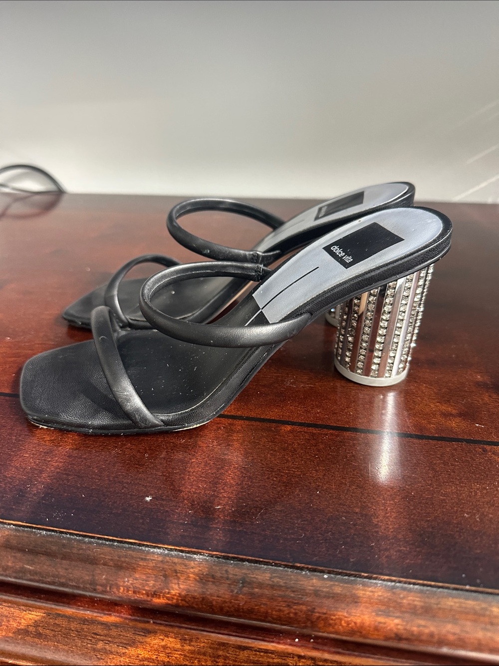Dolce Vita Black Strappy Mules with Rhinestone Cylindrical Heel